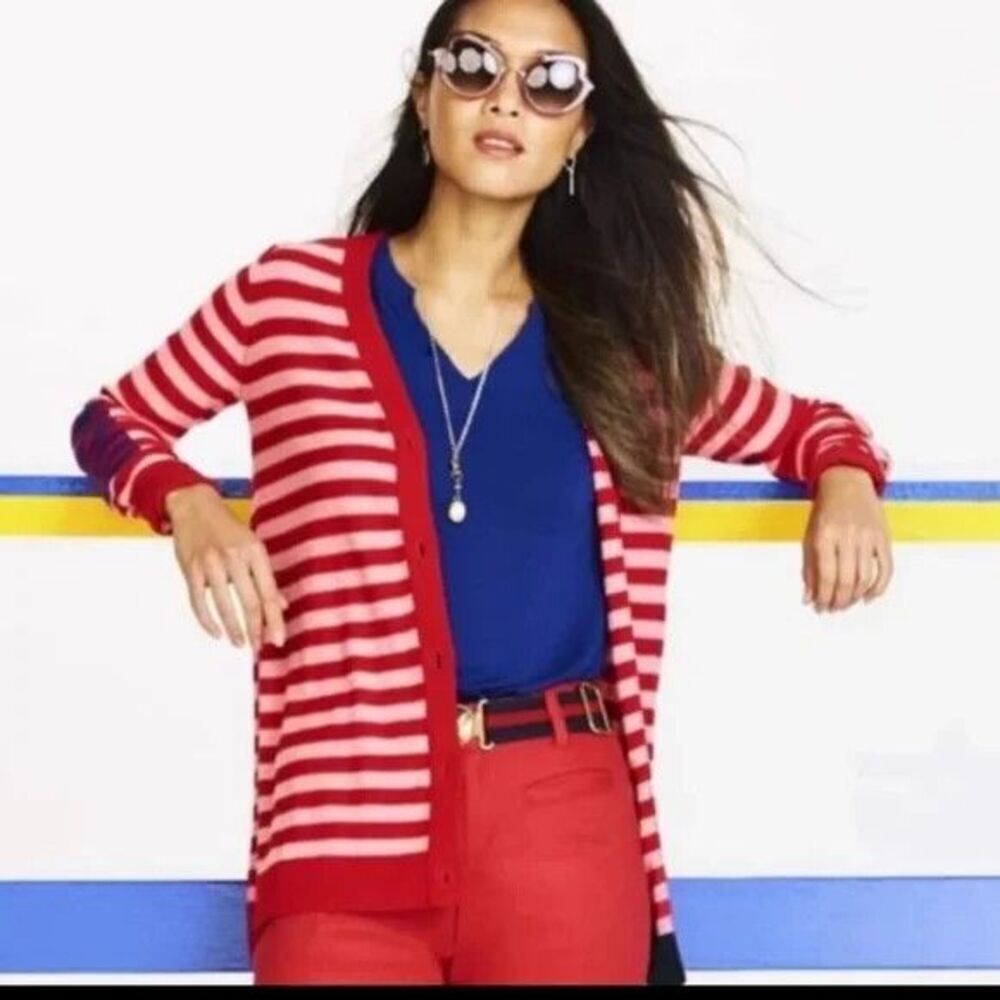 Cabi # 5446 "Picnic Cardigan" Red Stripe Button-Down Cardigan Long Slv Sweater M - Picture 3 of 11